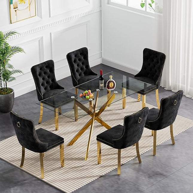 60" Glass Dining Table Set for 6, Modern Dining Room Table Set for 6, Gold X-Shape Pedestal Glass Table with 6pcs Black Dining Chairs, 7 Piece Dining Set for Dining Living Room
