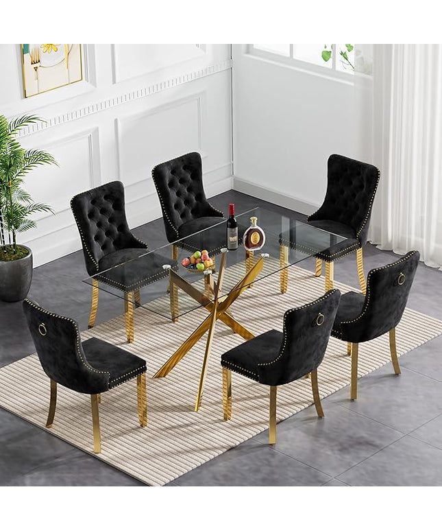 60.63in Rectangular Glass Dining Table Set for 6, Glass Gold Kitchen Table and Chair Set for 6, Modern 7 Piece Dining Room Set with 6 Fabric Upholstered Chairs, Metal Legs Home Kitchen Furniture