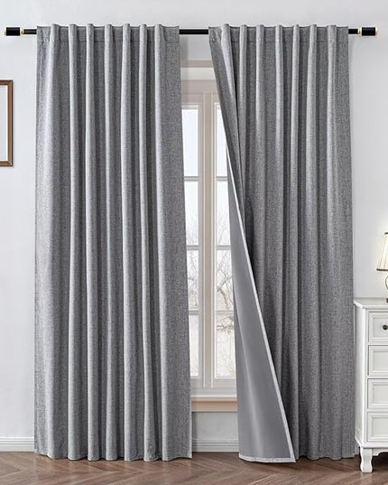 100% Blackout Curtains 108 inch Length 2 Panels Faux Linen Long Drapes for Bedroom Living Room Black Out Room Darkening Curtain Thermal Insulated Back Tab Rod Pocket(W37 x L108, Light Grey)