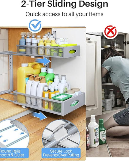 Under Sink Organizer, 2 Tier Pull Out Under Cabinet Organizer Shelf with Pad for Framed Cabinets, Metal Slide Out Under Sink Storage, Mesh Sliding Drawers for Kitchen Bathroom Laundry(Grey, 1 Pack)