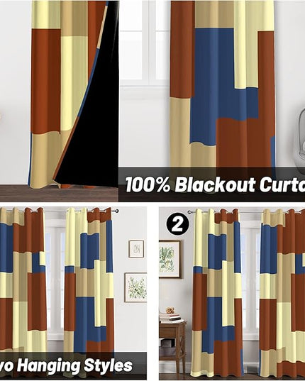 Terracotta Blue 100% Blackout Curtains for Bedroom 96 inch Long 2 Panels Set Modern Abstract Geometric Black Out Curtains Insulated Room Darkening Window Drapes for Living Room, 52Wx96L