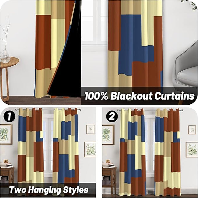 Terracotta Blue 100% Blackout Curtains for Bedroom 63 inch Long 2 Panels Set Modern Abstract Geometric Black Out Curtains Insulated Room Darkening Window Drapes for Living Room, 52Wx63L