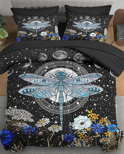Comforter Set Full Size, Dragonfly Flower Plant Bedding for Kids and Adults, Sun Moon Vintage Black Gold Bed Sheet Sets with Fitted Sheet 2 Pillowcases & 2 Shams for Bedroom Bed Decor