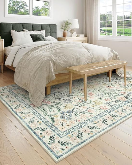Wonnitar Washable Area Rugs 5x7, Soft Floral Bedroom Area Rug, Washable Carpet 5x7 Non Slip, Boho Flower Print Beige Carpets for Living Room Bedside Dining Room