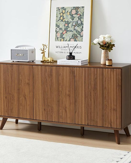 Fluted Sideboard Buffet Cabinet with Storage, Modern Storage Cabinet with 3 Doors, Wood Credenza Buffet Sideboards, Console Table for Kitchen Dining Living Room Entryway (Walnut)
