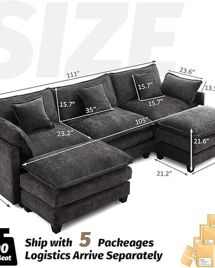111'' Sectional Cloud Deep Seat Couch, Oversized Chenille U Shaped Sectional Sofa for Living Room Set, Comfy Upholstered Modular 5-Seats Sectional Sofa Couch with 2 Movable Ottoman, Dark Grey