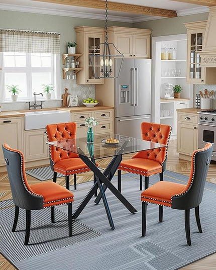 5 Piece Square Glass Dining Table Set for 4, Modern Dining Room Table and Chairs Set, Tempered Glass Top Kitchen Table with 4 Velvet Chairs, Space Saving Dining Set for Small Apartment or Home