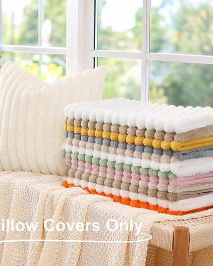 decorUhome Faux Fur Spring Throw Pillow Covers 22x22 Set of 2, Decorative Soft Plush Striped Neutral Couch Euro Pillow Covers with Velvet Back for Sofa, Bed, Living Room Home Decor, Cream White