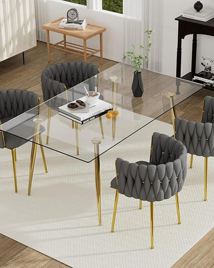 Gold Glass Dining Room Table Set for 4, 63'' Modern Luxury Rectangular Dinner Table Set, 5 PCS Clear Glass Top Minimalist Kitchen Table Set, Grey Woven Dining Chair for Home Large Place