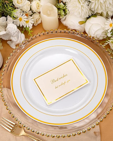 bUCLA 100Pieces Gold Plastic Dinner Plates - 10.25inch White and Gold Plates Disposable for Party - Ideal for Wedding, Party & Daily Use