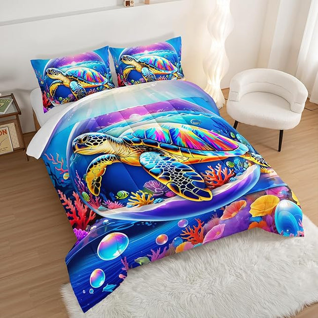Sea Turtle Comforter Set Queen Size,Colorful Underwater World Toddler Bed Comforter Set,Coastal Bedding for Kids Boys Girls Room Decor,Sea Life Themed Comforter Sets 2 Pillowcases.