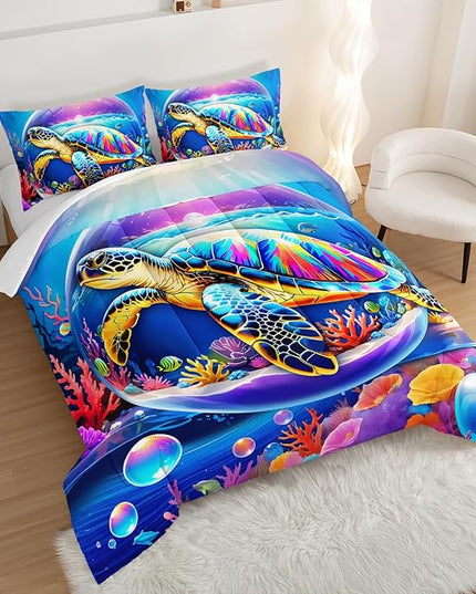 Sea Turtle Comforter Set Full Size,Colorful Underwater World Toddler Bed Comforter Set,Coastal Bedding for Kids Boys Girls Room Decor with 2 Pillowcases.
