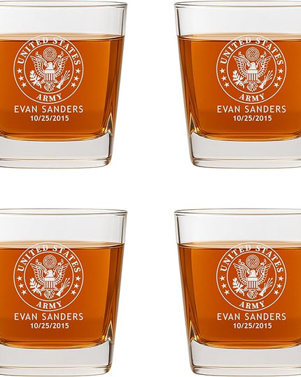 Personalized Military Sets - Custom Engraved Decanter & 4 Scotch Glasses - Army, Navy, Air Force, Coast Guard - Active Duty & Veterans (Sq. Scotch Glass Set)