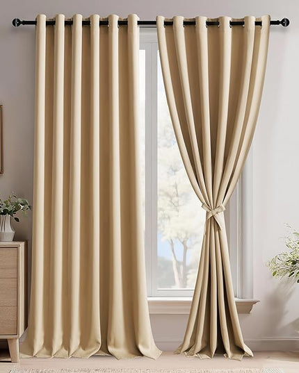 JIUZHEN Beige Blackout Curtains with Tiebacks - Light Blocking and Noise Reducing Grommet Curtains for Bedroom and Living Room, Set of 2 Window Curtain Panels, 70 x 96 Inch Length
