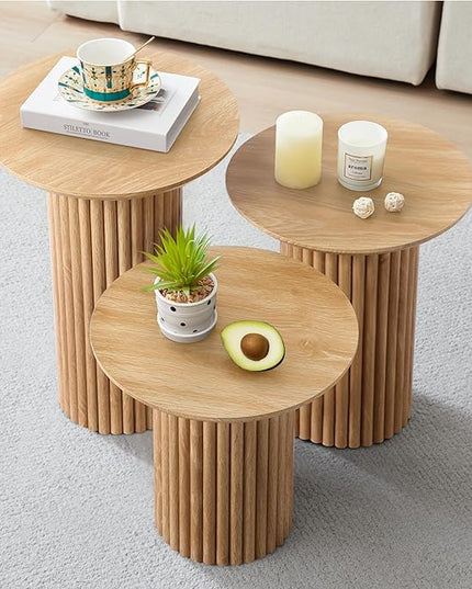 Round Nesting Coffee Table Set of 3,Mid Century Modern Fluted Coffee and End Table Set,Small Circle Wooden Side Table Drink Table for Living Room (Natural)