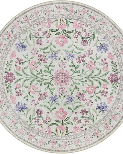 Wonnitar Floral Washable Round Rugs 6ft, Purple Circle Rugs for Bedroom Girls Dorm, Ultra-Thin Non Slip Boho Carpet for Nursery Girls Room Decor Living Room Playroom, Light Purple/Pink