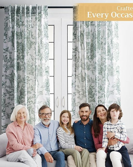 Maison d' Hermine Curtains for Living Room 100% Cotton 84 inch Length Two Panels Light Filtering Toile Curtains with Rod and Loop Pockets (The Miller Antique Green (White Background), 50" W x 84" L)