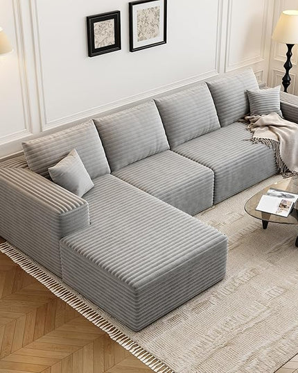 135.4" Cloud Modular Sectional Sofa Couch with L-Shape Chaise,Modern Minimalist Upholstered Couches for Living Room Bedroom,Deep Seat Corner Couch，No Assembly Required (Grey,Left Facing Chaise)