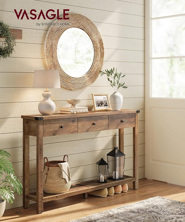 VASAGLE LIRY Collection - Console Table with 3 Drawers and Open Storage Shelf, Narrow Entryway Sofa Table for Living Room, Farmhouse Style, Metal Corners, Honey Brown ULNT142KB02S