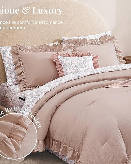 Full Comforter Set - 7 Pieces Ruffle Pink Bedding Sets, Shabby Chic Farmhouse Bed in a Bag Full with Ruffle Comforter, Floral Sheets, Pillowcases & Shams
