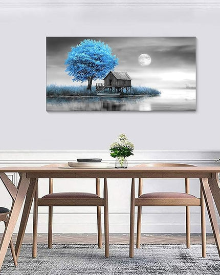 JEAWA Landscape Canvas Wall Art Decor - Blue Gray Wall Art for Bathroom Bedroom Study Dining Room, Winter Wall Art Canvas Paintings, Moon Pictures Wall Decor, Tree Art Wall Decor, 20x40 IN