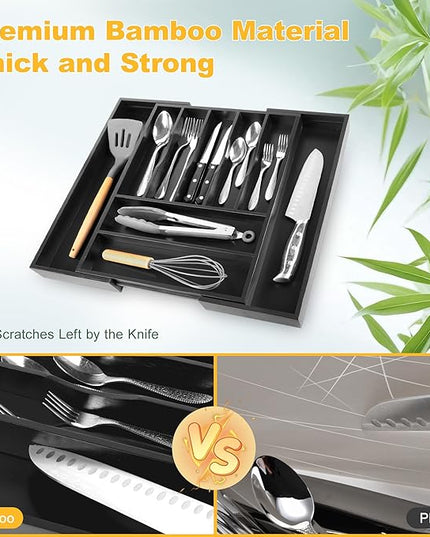 Large Premium Bamboo Silverware Organizer - Expandable Drawer Organizer & Utensil Organizer - 17"x19.7" Cutlery Tray with Dividers for Kitchen Utensils and Flatware (7-9 Slots) (Black)