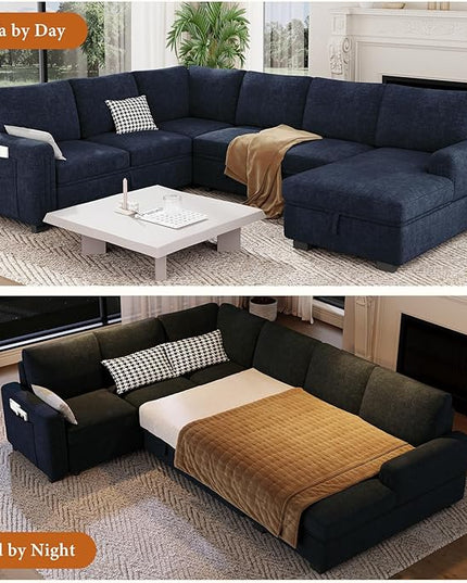 Vesgantti 113.6" Pull Out Sofa Bed with Chaise, 7 Seater U Shaped Sleeper Sofa with Storage Chaise, Comfy Chenille Modular Sectional Couch for Living Room, Bedroom, Apartment, Blue