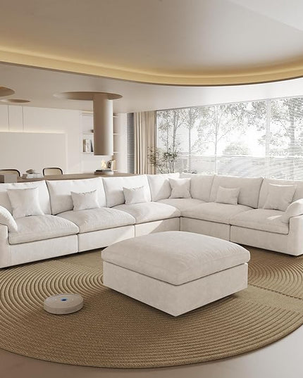 Cloud Couch for LivingRoom,153" U Shaped Modular Sectional Couch with Storage Ottoman,Down Filled 7 Seater Convertible Sleeper Sofa Bed Oversized Furniture,White