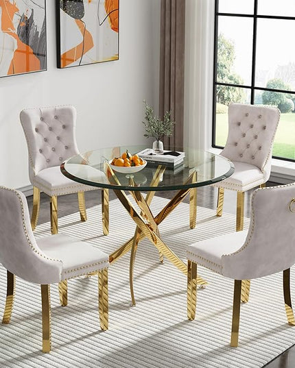 HomVent Round Glass Dining Table Set for 4, Modern Tempered Glass Kitchen Table Set and Chairs, Round Glass Dining Room Table Set for Kitchen (Gold, 36 inch Gold Table with 4 Beige Chairs)