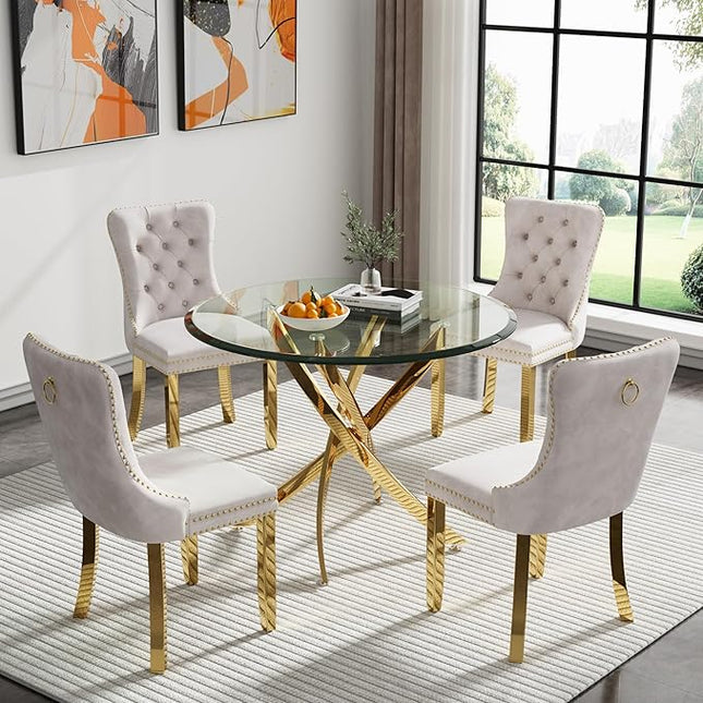 HomVent Round Glass Dining Table Set for 4, Modern Tempered Glass Kitchen Table Set and Chairs, Round Glass Dining Room Table Set for Kitchen (Gold, 36 inch Gold Table with 4 Beige Chairs)