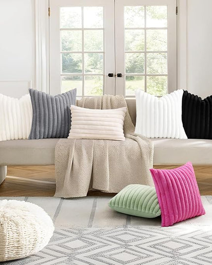 decorUhome Faux Fur Spring Throw Pillow Covers 12x20 Set of 2, Decorative Soft Plush Striped Lumbar Neutral Couch Euro Pillow Covers with Velvet Back for Sofa, Bed, Living Room Home Decor, Grey