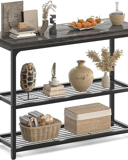 32" Small Console Table with Storage, 3-Tier Narrow Entryway Table, Sturdy Sofa Table with Mesh Shelves, Console Tables for Living Room, Bedroom, Hallway, Entryway, Foyer, Oak Grey
