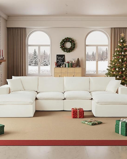 108" Sectional Couches for Living Room Boneless Couch Upholstered Cloud Couch Sectional Modular Sectional Sofa with L Shaped (Chenille-White, 4 Seat+2 Ottoman)