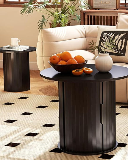 COSVALVE Round Wood Fluted End Table, 15.7” Circle Farmhouse Side Table Sets for Living Room, Bedroom, Balcony, Small Spaces, Black