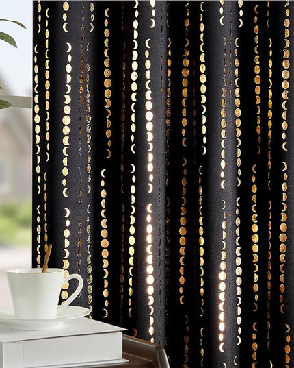 jinchan 95% Blackout Boho Curtains 84 Inch Long for Bedroom Christmas Curtains Moon Phases Printed Festive Holiday Golden on Black Drapes Rod Pocket Back Tab Curtains 2 Panels