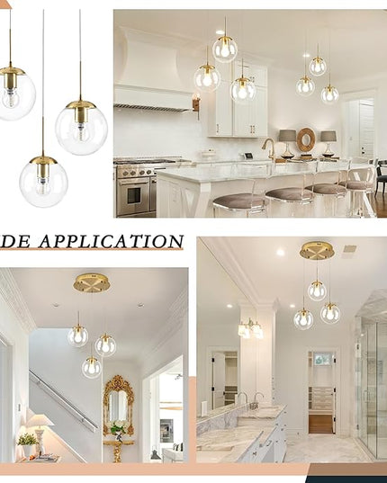 KoKo&Yukina 3-Light Globe Glass Pendant Light Modern Gold Clear Globe Glass Chandelier Adjustable Length Pendant Lights Fixtures High Ceiling Light for Kitchen Island Foyer (Bulb & Remote Incl.)