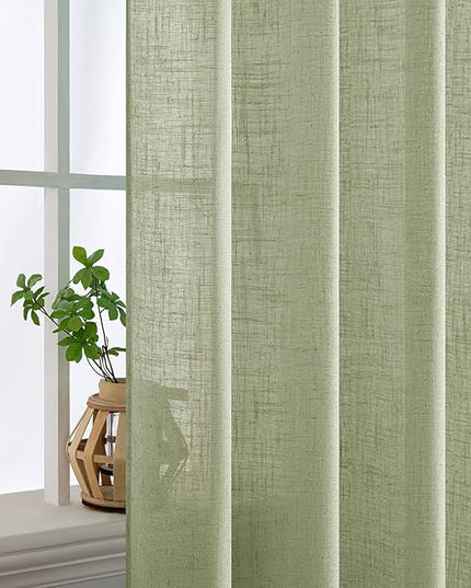 MIULEE Sage Green Linen Curtains 100 Inch Length 2 Panels for Bedroom Living Room, Soft Thick Linen Textured Window Drapes Semi Sheer Light Filtering Back Tab Rod Pocket Burlap Look Decor