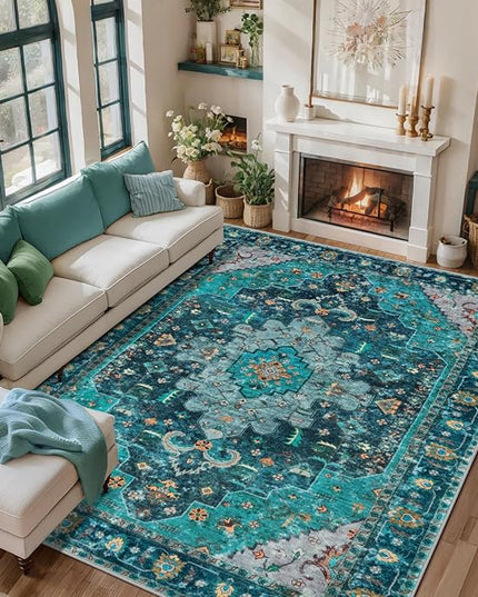 Ciicool Washable Area Rug - 6x9 Vintage Bedroom Dining Room Rug Non-Slip Lining Room, Oriental Throw Low Pile Carpet for Office Kitchen Entryway（Teal/Multi）