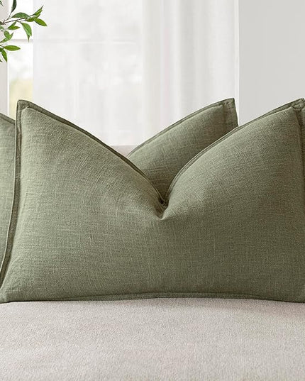 Foindtower Pack of 2, Decorative Linen Soild Throw Pillow Covers Accent Lumbar Cushion Case Boho Farmhouse Pillowcase for Chair Couch Sofa Bedroom Living Room Home Decor 12x20 Inch Olive Branch Green