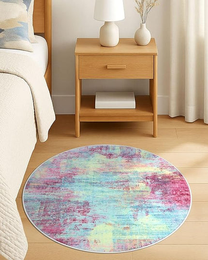 IOHOUZE Round Area Rug 3 Ft Circle Entryway Rugs Round Washable Door Mat Indoor Entrance, Non Slip Circle Front Door Rug, Printed Abstract Faux Wool Floor Carpet for Foyer Porch Sink, Pink Teal
