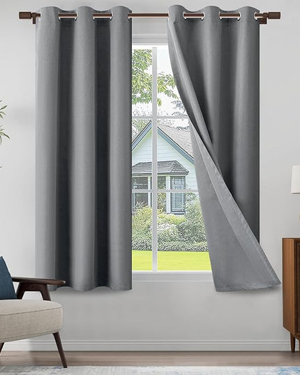 100% Blackout Linen Textured Curtains 64 Inch Length 2 Panels Set for Farmhouse, Cottage, Light Weight Curtains with Grommets Top, Full Blackout Curtains Privacy Protection, Gray, 37" W x 64" L