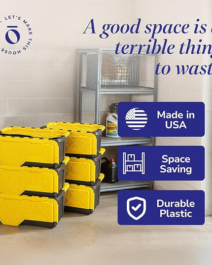 HOMZ 6-Pack Durabilt Tote, Heavy Duty Plastic Storage Bins with Lids, 15 Gallon, Black/Yellow - Stackable Organizing Containers for Home, Garage, and Office