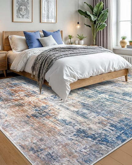 IOHOUZE Abstract Area Rugs 9x12 Ft Washable Large Rugs for Living Room, Non Slip Dining Room Rug, Printed Faux Wool Rugs for Bedroom, Floor Carpet for Office Nursery Playroom, Blue Rust