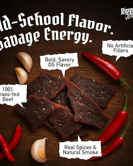 Ripped Beef Jerky - 100% Grass Fed Beef, 20g Protein, Real Ingredients, Gluten Free, No MSG, Made in USA (Pack of 3, Original)