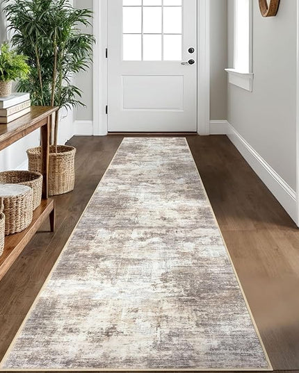 IOHOUZE Abstract Runner Rug 2x10 Ft Washable Runners for Hallways, Non Slip Kitchen Runner Printed Faux Wool Entryway Runner Indoor, Modern Abstract Floor Carpet for Hall Kitchen, Beige Brown