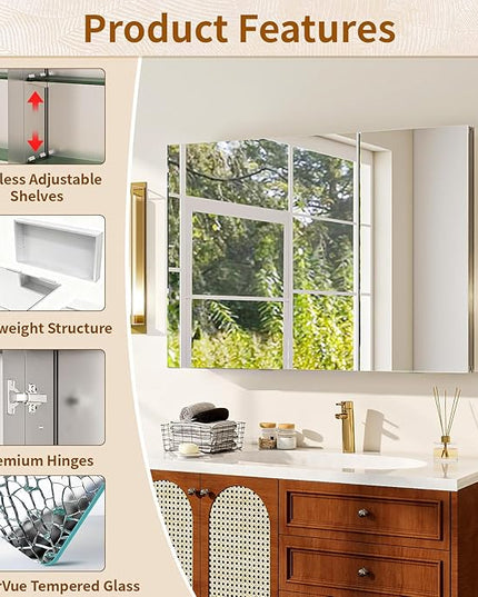 BEAUTYPEAK 36 x 26 Inch Medicine Cabinet with Mirror, Wall Mounted Bathroom Mirror Cabinet, Medicine Cabinet Mirror with Storage & Adjustable Shelves