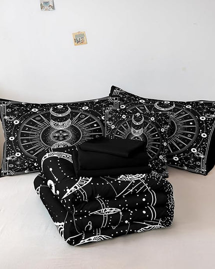 Bedbay Sun and Moon Comforter Set Queen Size Boho Hippie Bedding,Trippy Cosmos Celestial Decor Soft Cozy Galaxy Bed Set 8 Pcs Queen Bed in a Bag Black and White Galaxy Comforter Set(White,Queen)