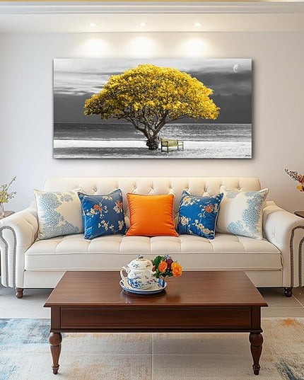 wall art for living room Decorations Photo Prints - panoramic black and white with yellow trees The moon scenery - Modern Home Decor The room Stretched and Framed Ready to Hang artwork 24X48inches