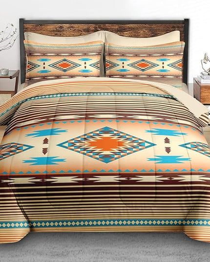 Comforter Set Queen Size, Southwest Western Geometric 7 Pcs Bedding for Kids and Adults, Mexico Stripe Turquoise Bed Sheet Sets with Fitted Sheet 2 Pillowcases & 2 Shams