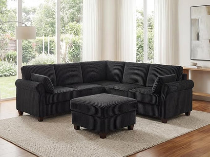 Modular Sectional Sofa Couch, L-Shape Corduroy Couches 4 Seat with Storage Ottoman, Modern Corner Sofa Memory Foam Sectional Cloud Couches for Living Room, Bedroom, Apartment, Office (Black)